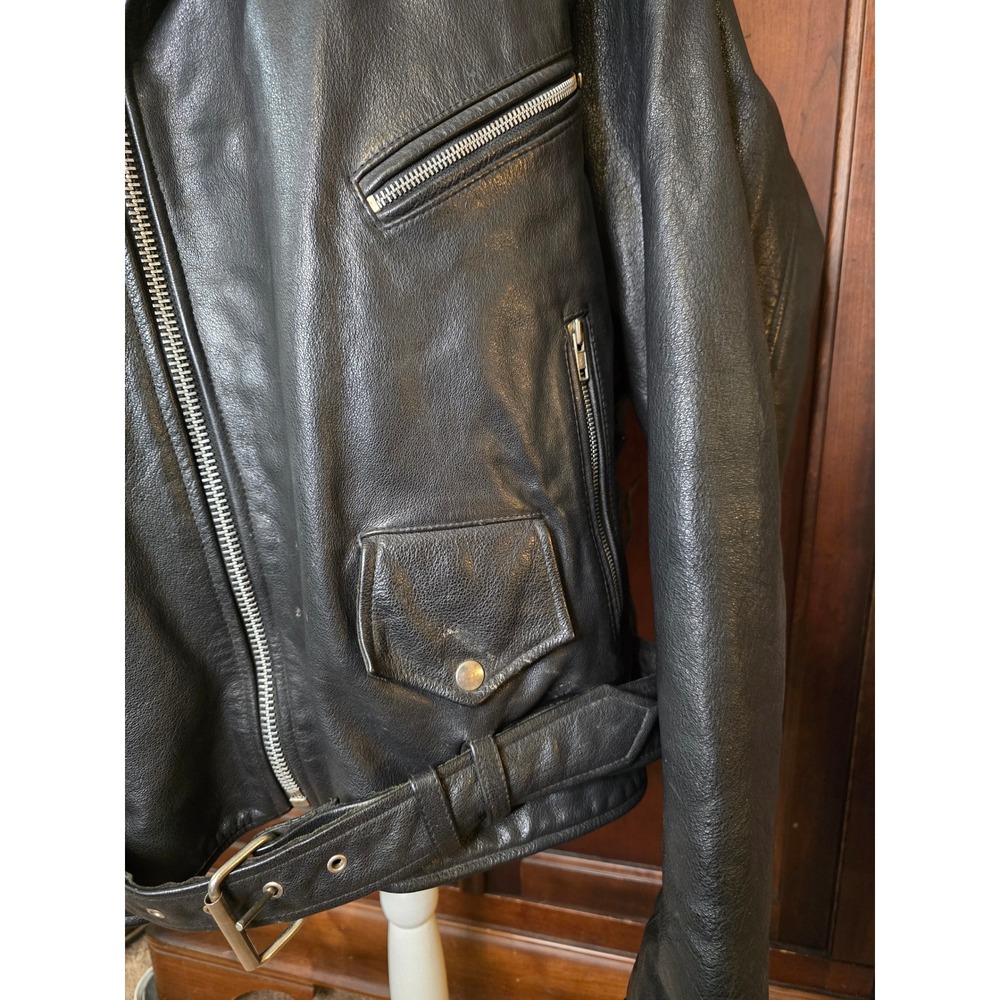 Vintage MOB 5XL Black Leather Motorcycle Biker Jacket Belted Lace Heavyweight - Picture 5 of 15